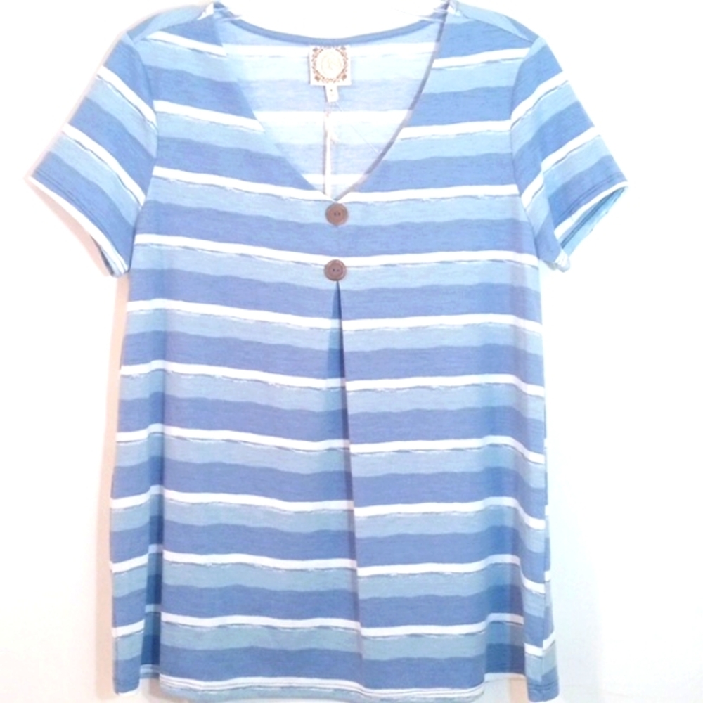TRU SELF BLUE WHITE STRIPE V-NECK TWO BUTTON RELAXED FIT TOP SIZE SMALL NWT - Picture 5 of 5